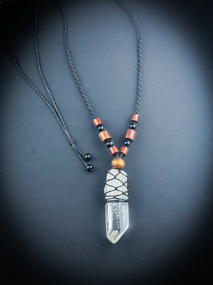 Clear Quartz point with natural rose wood beaded Necklace