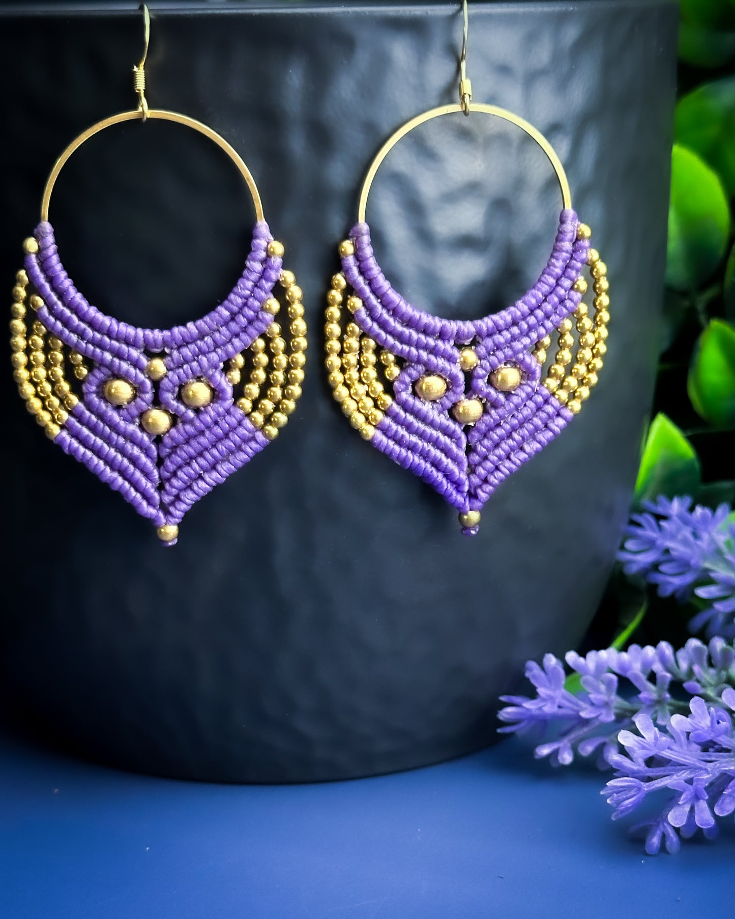 Macrame Earrings Golden - Dark Purple