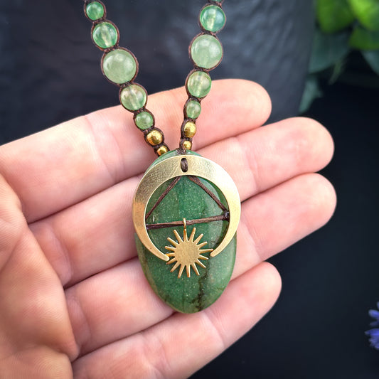 Green Jade Golden Moon Macrame Necklace