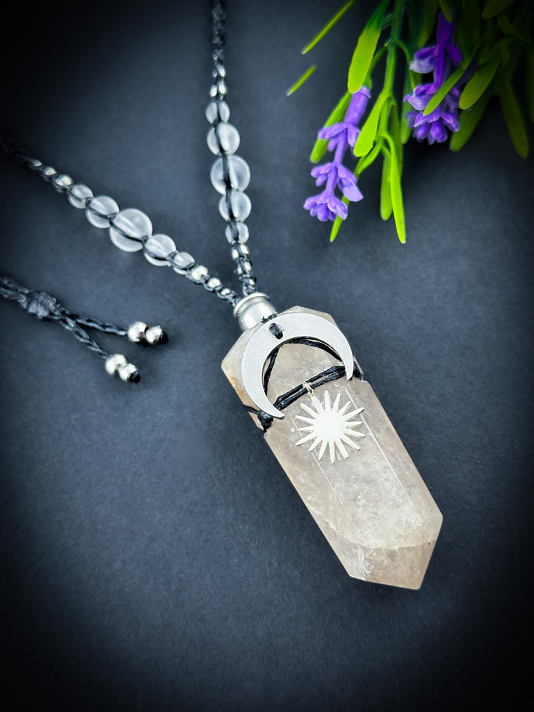 Smokey Quartz Crystal Point with Moon & Sun Necklace