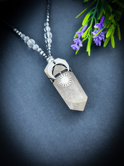 Smokey Quartz Crystal Point with Moon & Sun Necklace