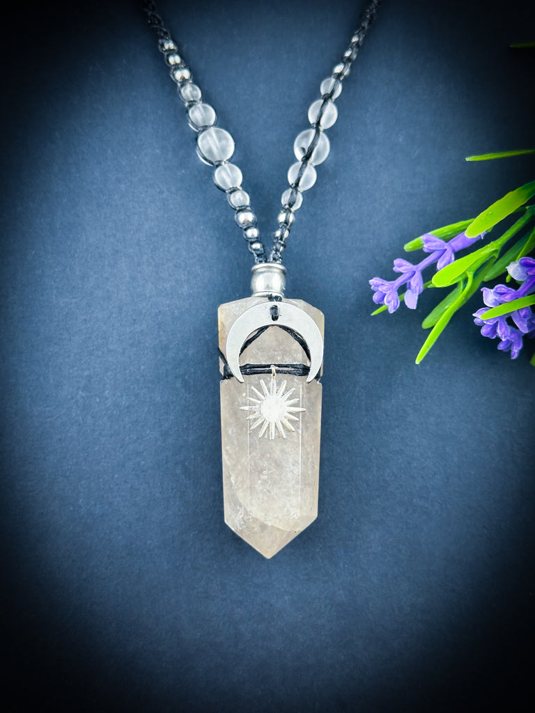 Smokey Quartz Crystal Point with Moon & Sun Necklace