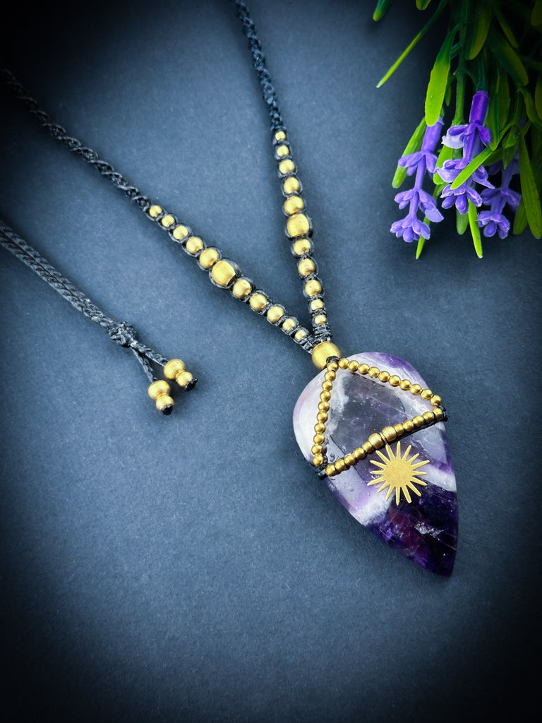 Amethyst Chevron Teardrop with brass sun Necklace