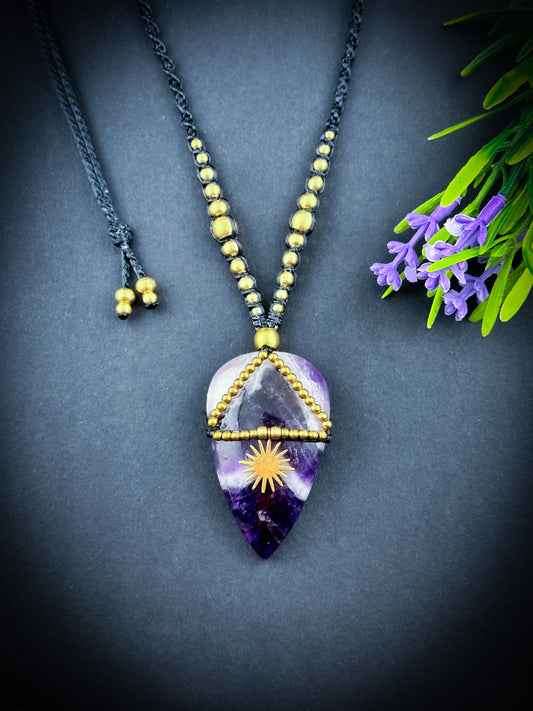 Amethyst Chevron Teardrop with brass sun Necklace