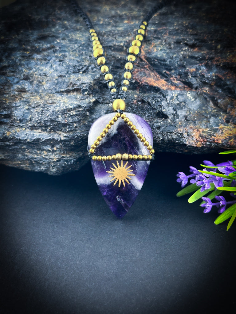 Amethyst Chevron Teardrop with brass sun Necklace