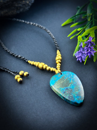 Chrysocolla tearshape with brass beads Necklace