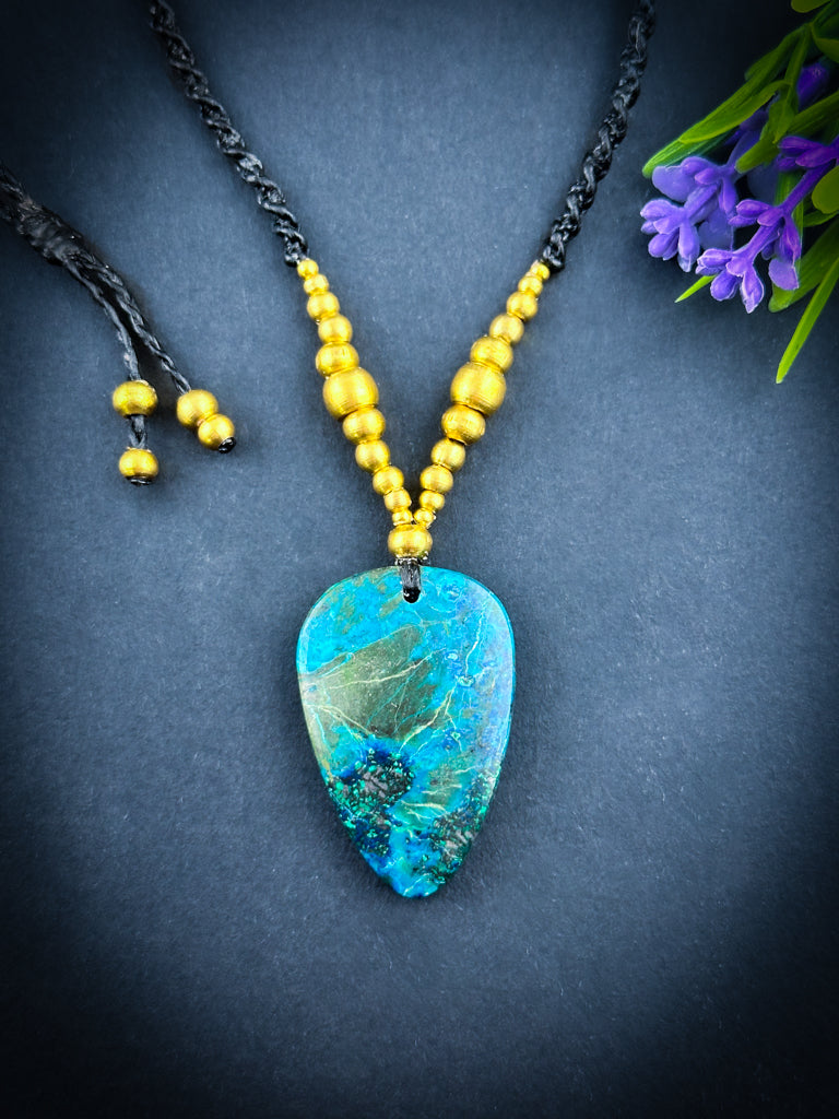 Chrysocolla tearshape with brass beads Necklace