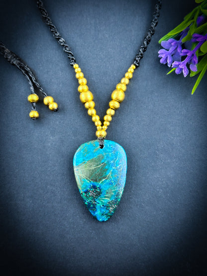 Chrysocolla tearshape with brass beads Necklace