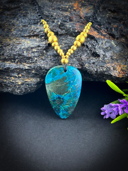 Chrysocolla tearshape with brass beads Necklace