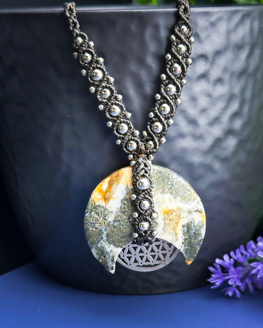 Marcasite Crescent Moon - Flower of life Silver