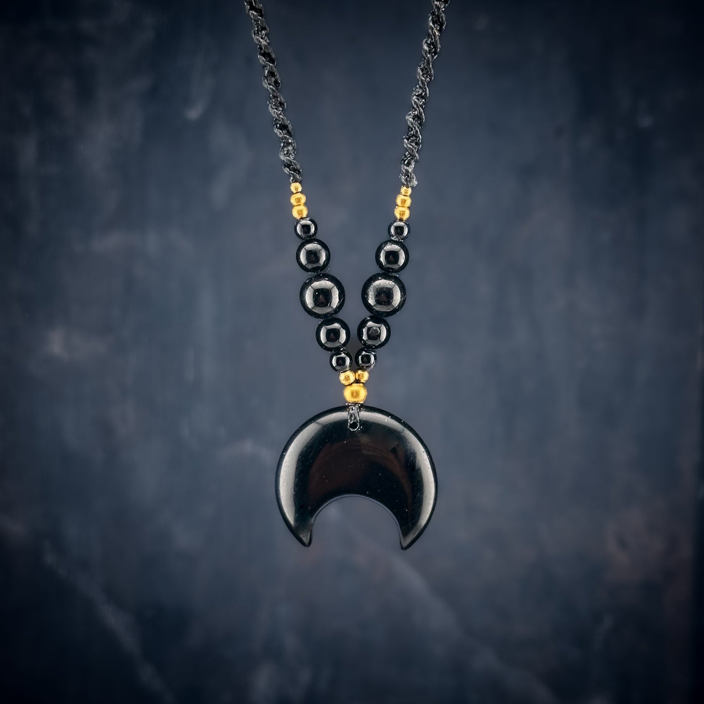Black Obsidian Moon Crystal Necklace - Brass