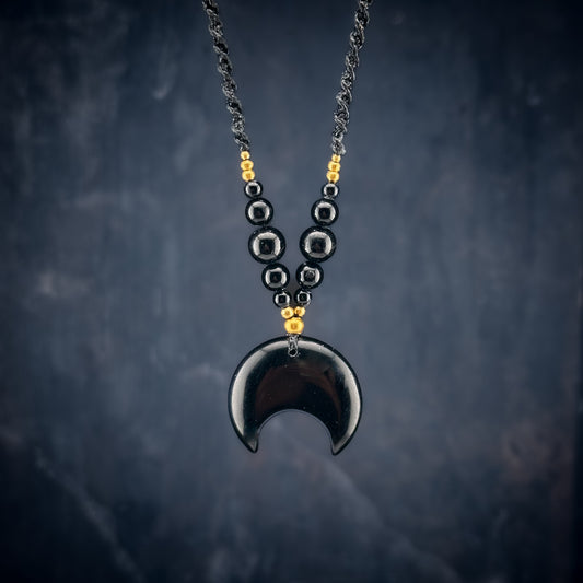 Black Obsidian Moon Crystal Necklace - Brass