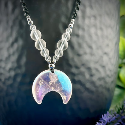 Angel Aura Quartz Moon Crystal Necklace - Silver