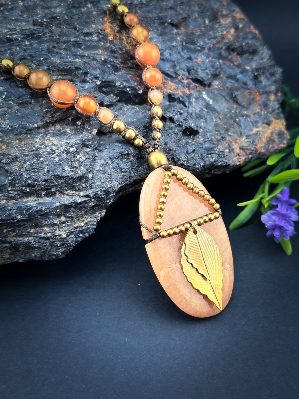 Peach Aventurine with brass Leaves