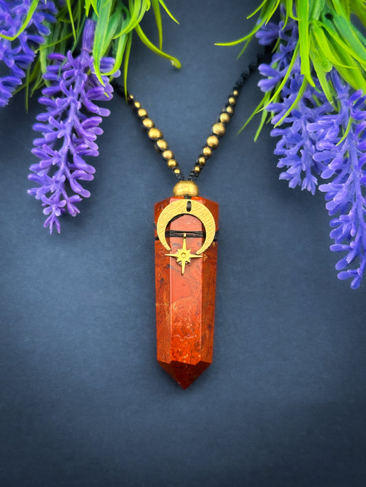Red Jasper Point with moon & star, Adjustable Crystal Macramé Necklace