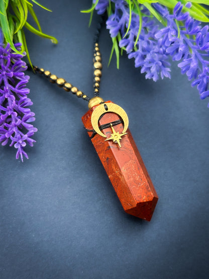 Red Jasper Point with moon & star, Adjustable Crystal Macramé Necklace