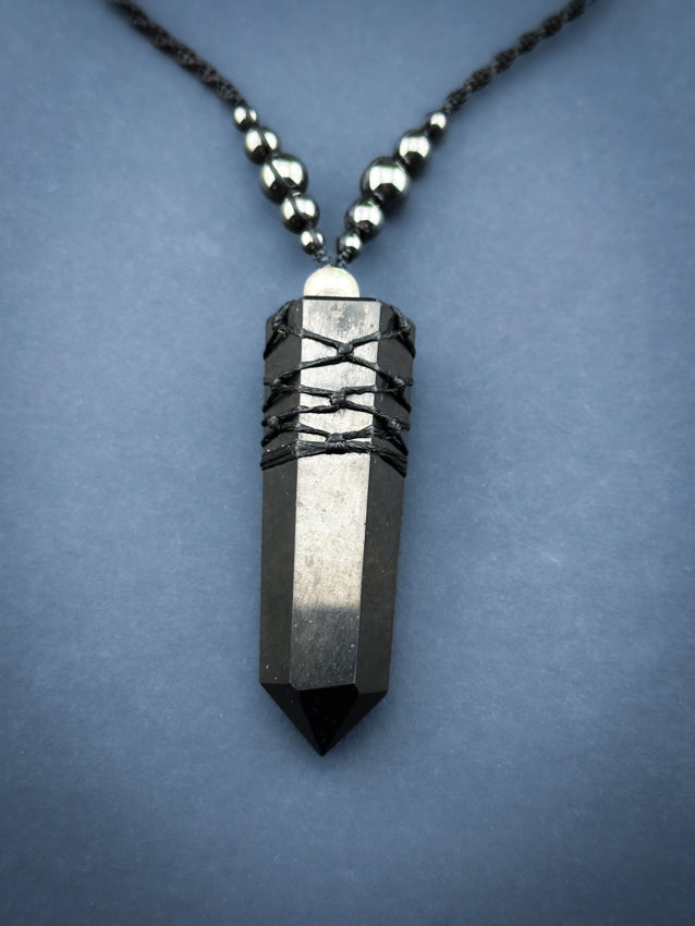 Shungite Natural Point Crystal with Hematite
