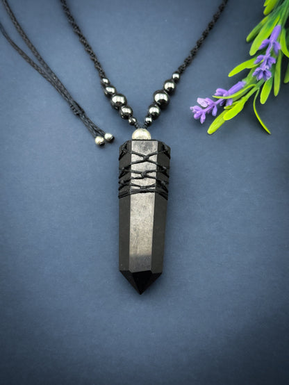 Shungite Natural Point Crystal with Hematite