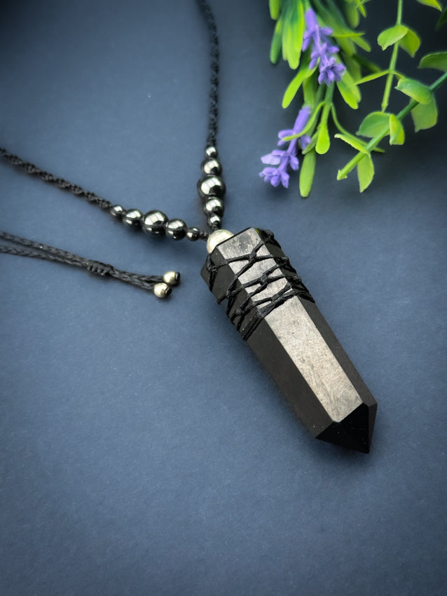 Shungite Natural Point Crystal with Hematite