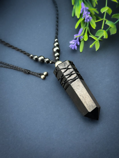 Shungite Natural Point Crystal with Hematite