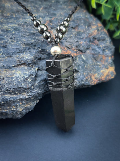 Shungite Natural Point Crystal with Hematite