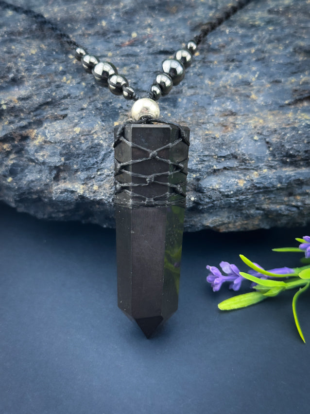 Shungite Natural Point Crystal with Hematite
