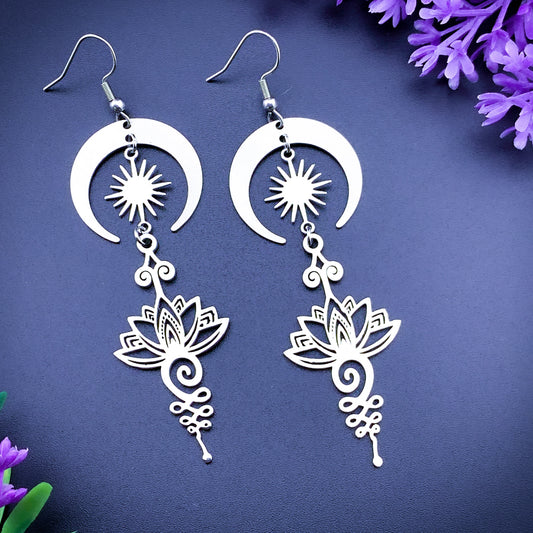 Silver Lotus Earrings with Moon & Sun Earrings
