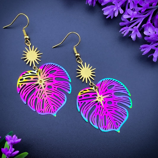 Colourful Monstera Leaf Earrings Purple - Gold