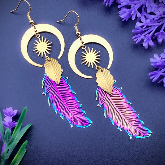 Colourful Feather and Moon Earrings