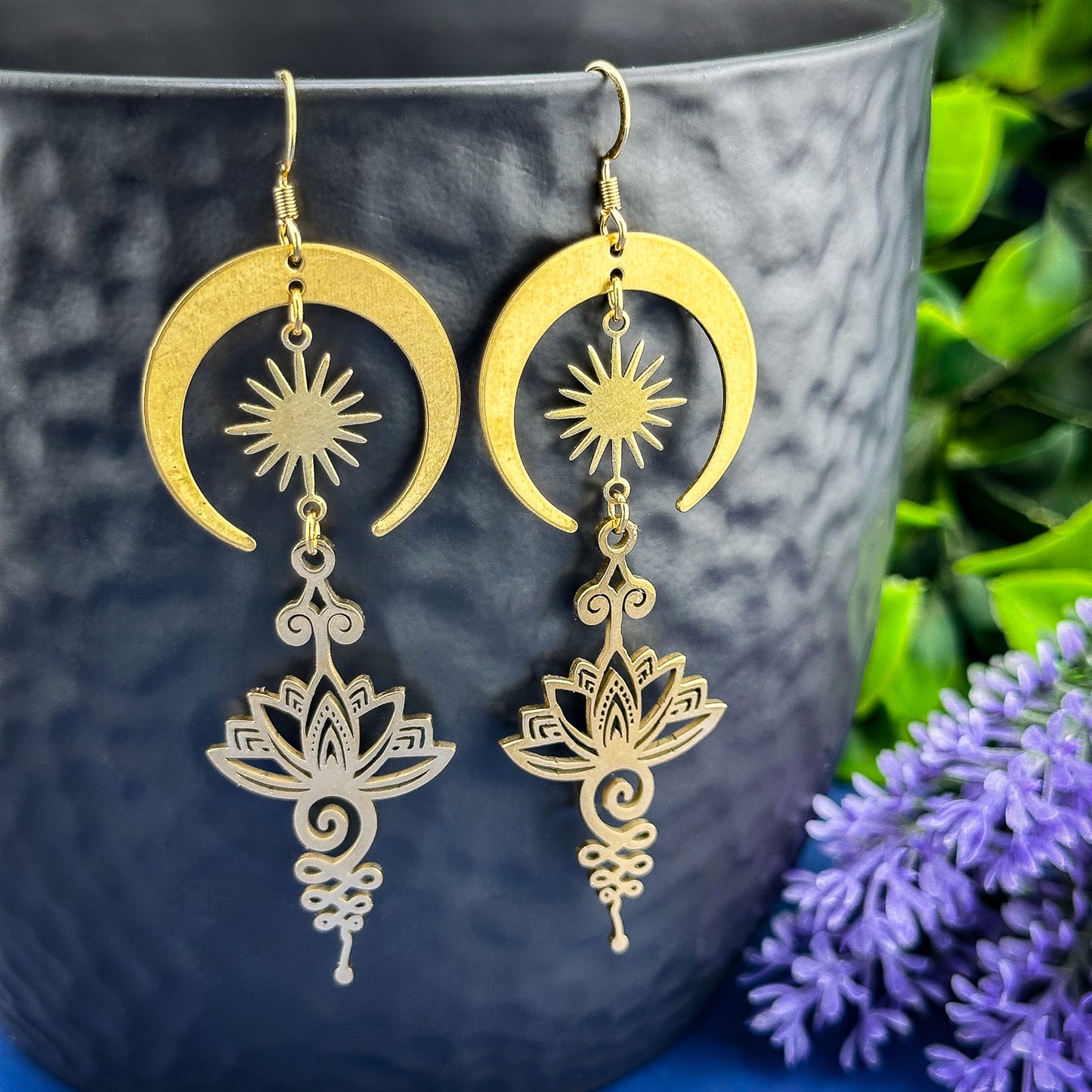 Lotus with Moon & Sun Earrings