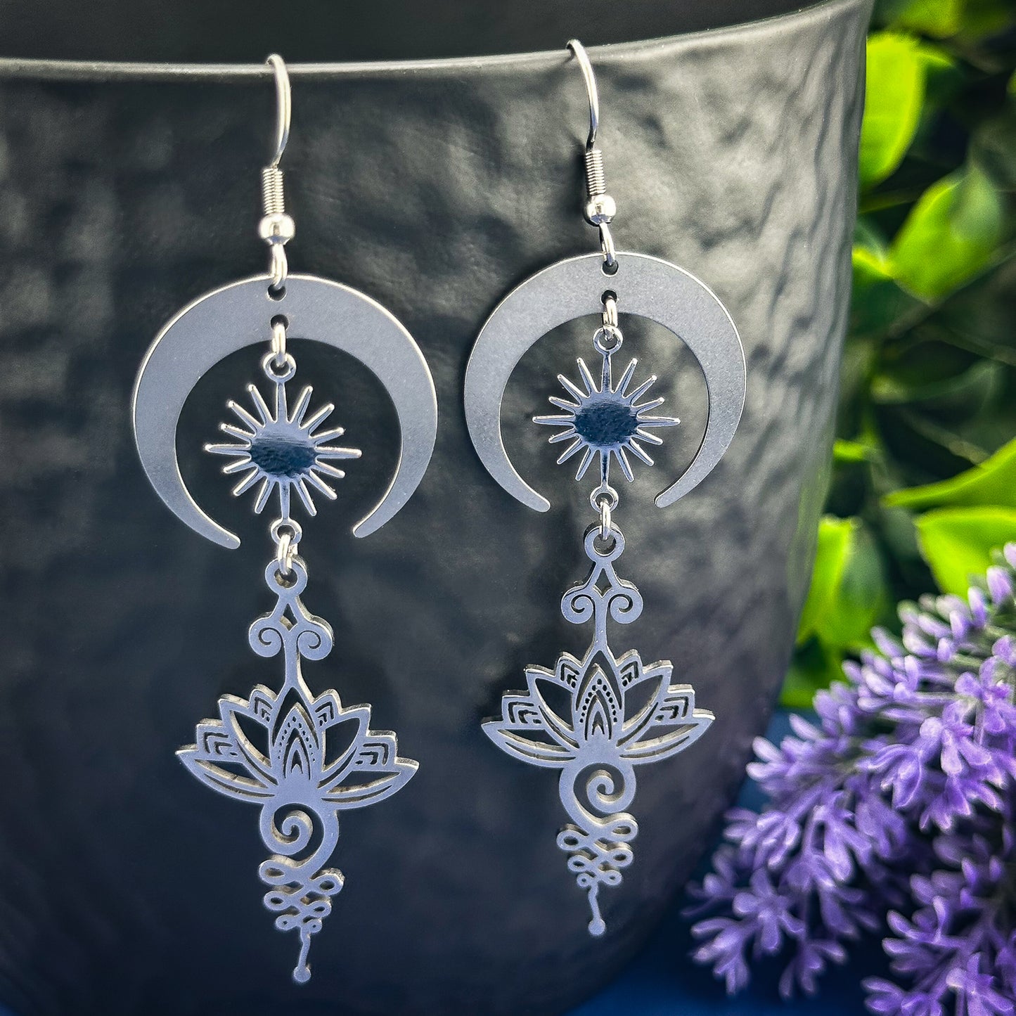 Silver Lotus Earrings with Moon & Sun Earrings